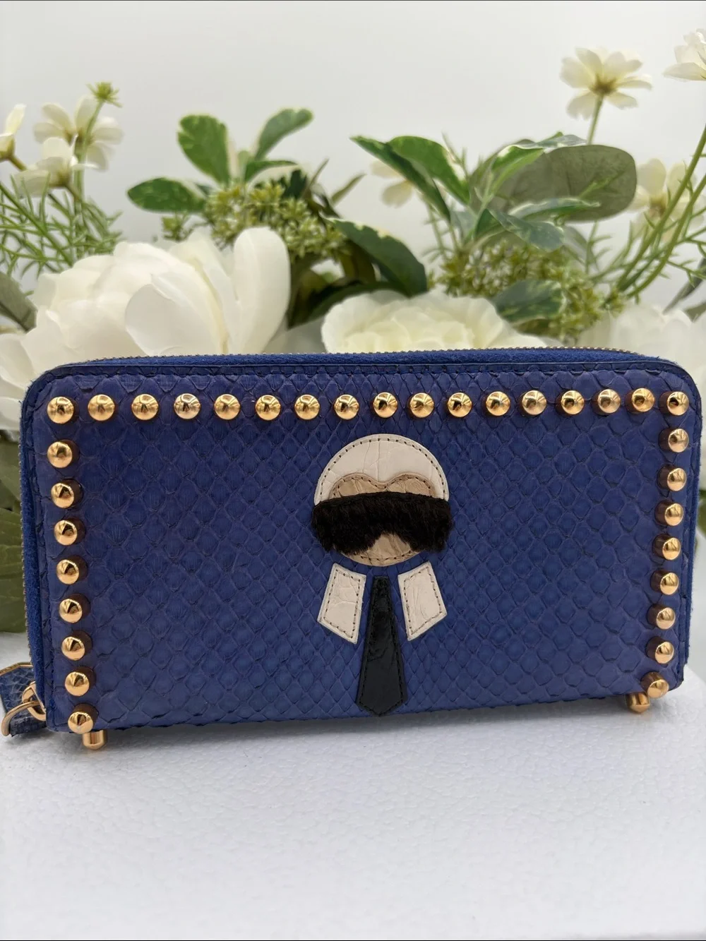 Fendi Karlito Blue Python Snakeskin Studded Zip Wallet Rare Colorway✨✨ W/ COA